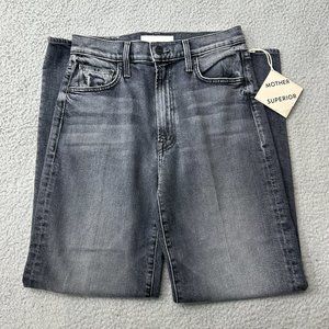 NEW MOTHER Jeans Women 28 Black Denim Rambler Zip Flood Wide Leg Stretch $258